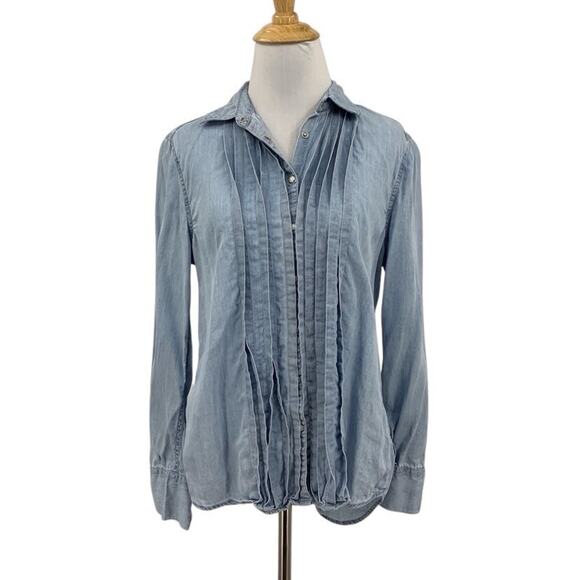 Sundance Shirt Womens Small Blue Tessa Chambray Snap Buttons Up Pintuck Blouse - Picture 1 of 13